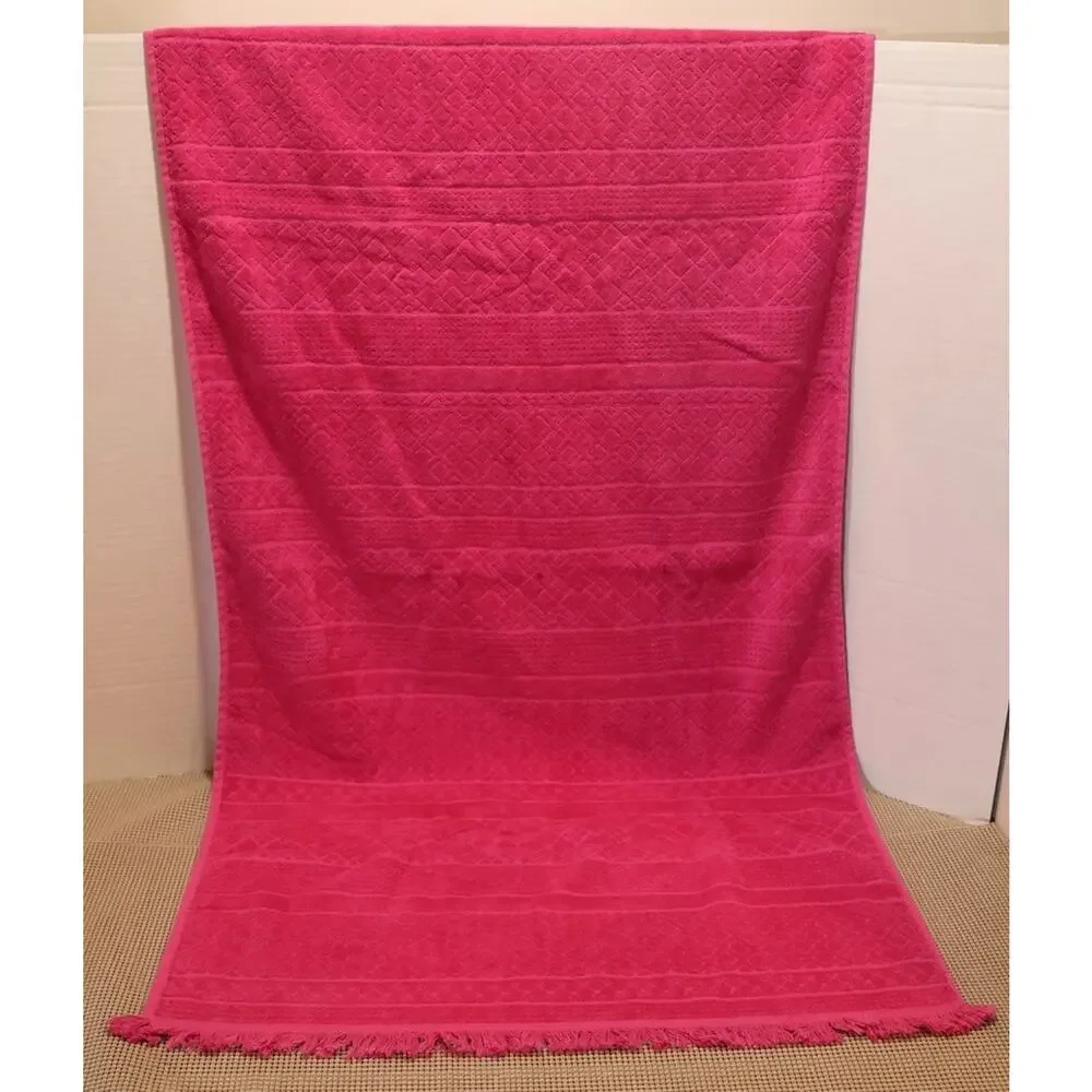 Sonoma Life + Style Pink Cotton Bath Towel Textured Diamond Pattern Fringe #1